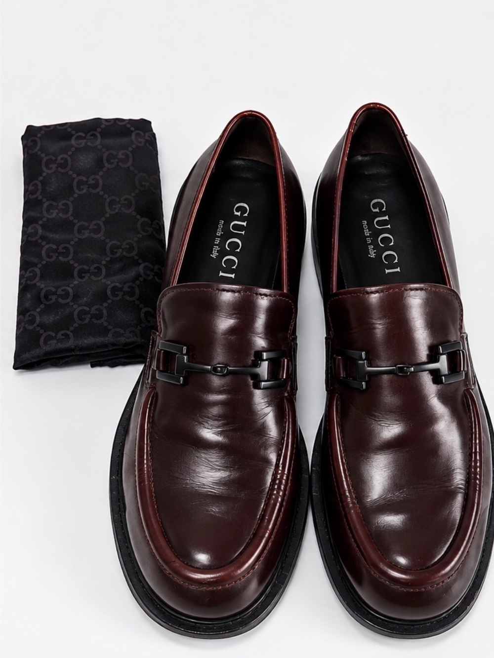 Gucci Men’s Dark Burgundy Leather Horsebit Slip-On Formal Dress Work Shoes 43.5E